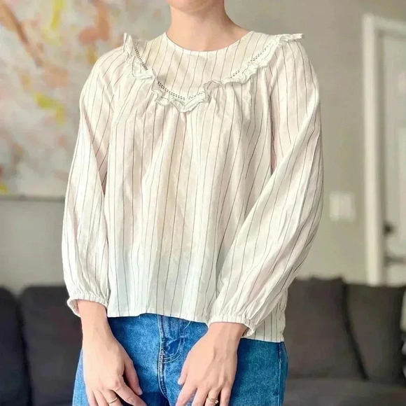 Madewell Ruffle-Yoke Prairie Top - Pinstripe Black and White - Size S - Picture 2 of 9